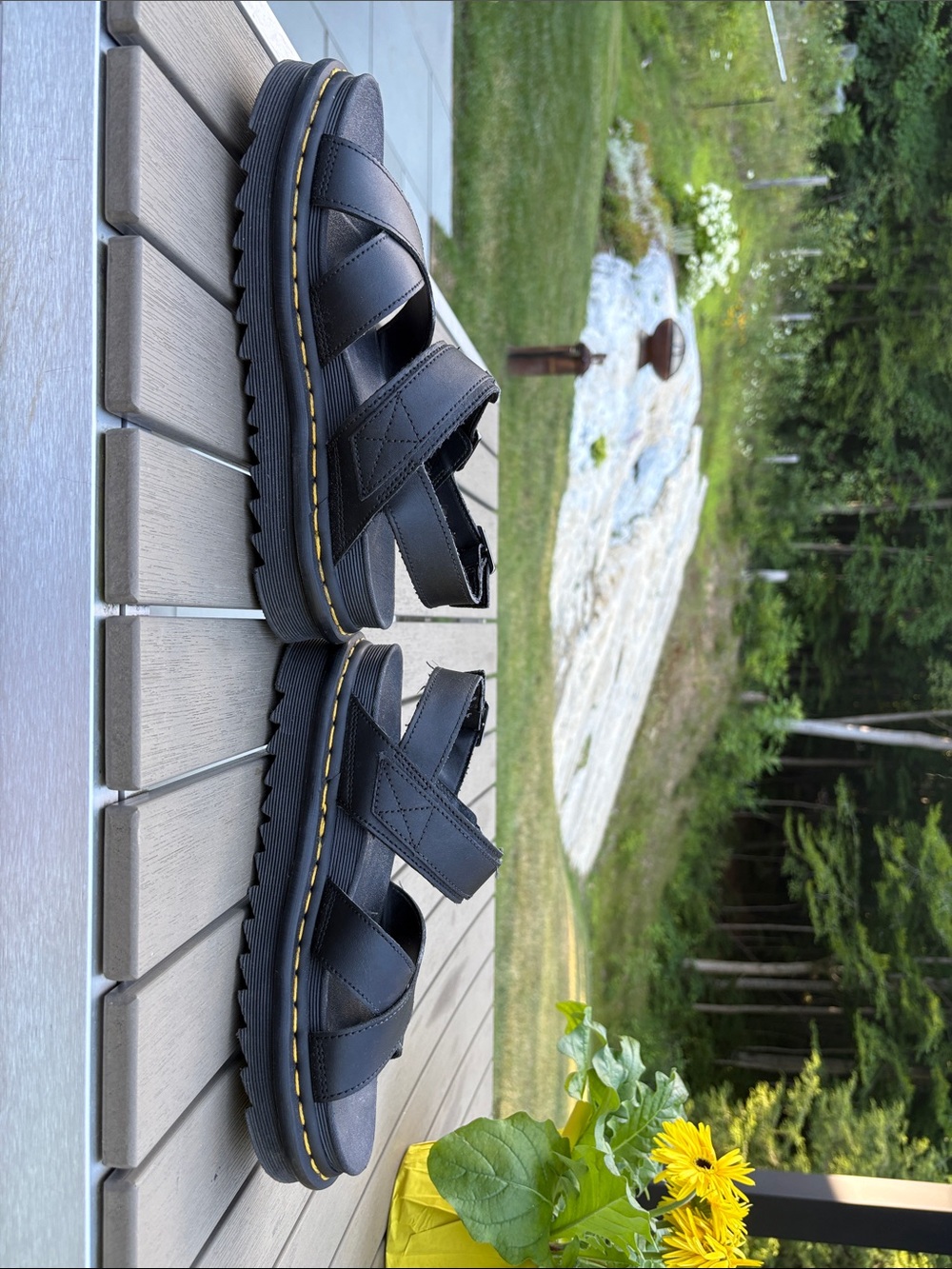 Dr. Martens Black Leather Platform Sandals with Yellow Stitching - Picture 3 of 7